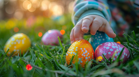 A childs hand reaches out towards a colorful painted Easter egg nestled in the green grass.の素材