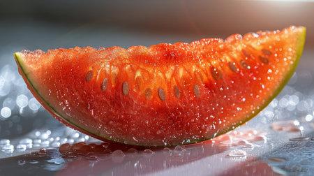 A single slice of watermelon placed on a reflective, shiny surface.の素材