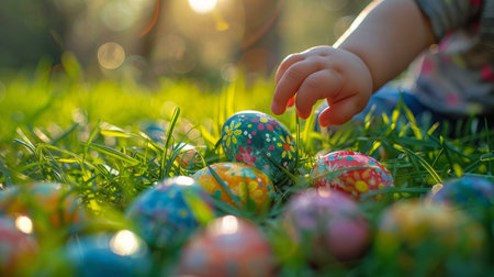 A childs hand reaches out towards a colorful painted Easter egg nestled in the green grass.の素材