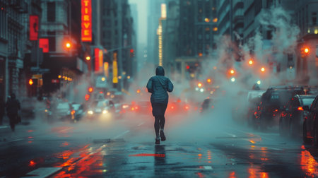A person is running through the rain at night, illuminated by the city lights, with water droplets splashing around them.の素材