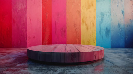 Three potted plants of varying sizes and species are placed on a wooden table against a vibrant, multicolored wall.の素材