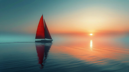 A red sailboat glides peacefully across the water, its sails catching the wind as it floats along the serene surface.の素材