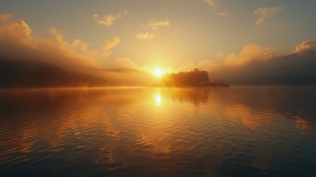 The sun is setting over a body of water, casting warm tones on the clouds in the sky.の素材