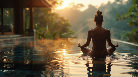 A woman sits in the center of a pool as the sun sets in the background, casting a warm glow over the scene.の素材