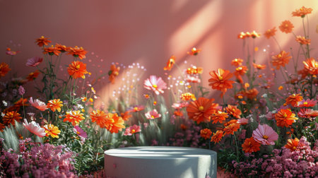 A white vase stands in the midst of a vibrant field of flowers, showing a stark contrast between man-made and natural elements.の素材