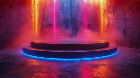 A fountain illuminated by bright lights stands out in a dark, shadowy room, creating a striking contrast.の素材