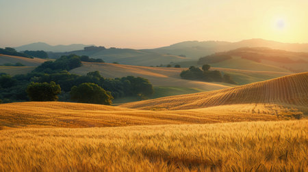 A field filled with lush green grass stretching towards a backdrop of rolling hills under a clear blue sky.の素材