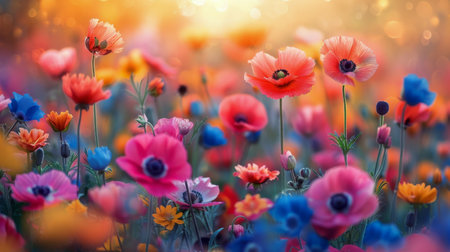 Numerous colorful flowers scattered across green grass in a natural setting.の素材