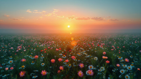 The sun is setting low on the horizon, casting a warm golden light over a field filled with colorful wildflowers in bloom.の素材