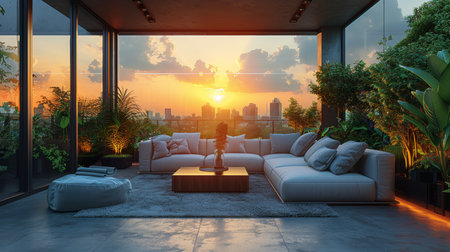 A room filled with various plants, including potted succulents and hanging vines, with a large window allowing natural light to filter in.の素材