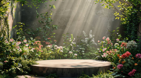 A stone bench nestled among vibrant flowers and lush trees in a serene garden setting.の素材