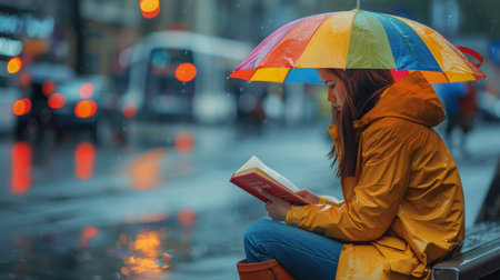 A woman is seated on a bench outdoors in the rain, holding an umbrella to shield herself from the precipitation.の素材