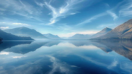 A vast body of water nestled among towering mountains, creating a striking natural landscape.の素材