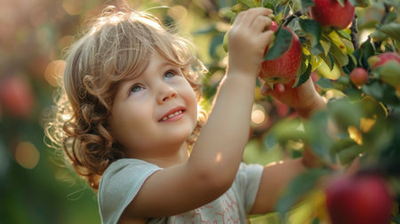 A young girl reaching up to pick a red apple from the branches of a tree in an orchard.の素材