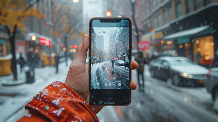 A person standing outdoors, holding a cell phone up to take a picture.の素材
