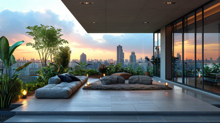 A living room filled with various furniture pieces and numerous potted plants creating a cozy and lively atmosphere.の素材