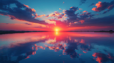 The sun is setting in the sky, casting a warm glow over the water below. Thick clouds loom above, creating a dramatic scene.の素材