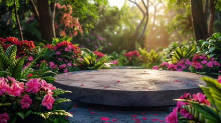 A garden bursting with colorful flowers and lush trees in full bloom under a sunny sky.の素材