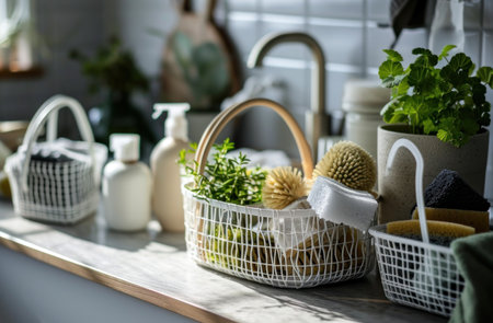 white baskets full of cleaning supplies,.の素材
