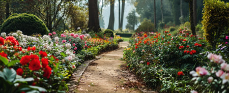 a beautiful garden pathway with colorful flowers.の素材