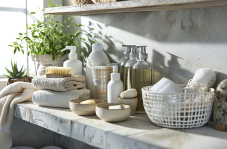 white baskets full of cleaning supplies,.の素材