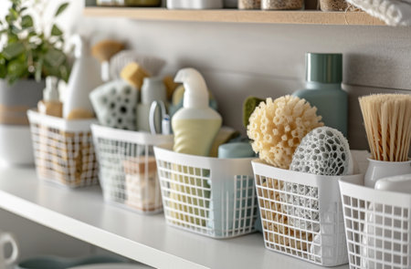 white baskets full of cleaning supplies,.の素材