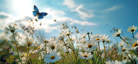 a butterfly in a small field of yellow daisy.の素材