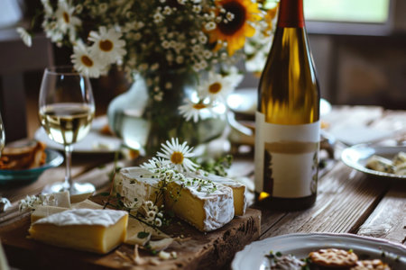 a bottle of white wine, cheese plates and flowers on the table.の素材