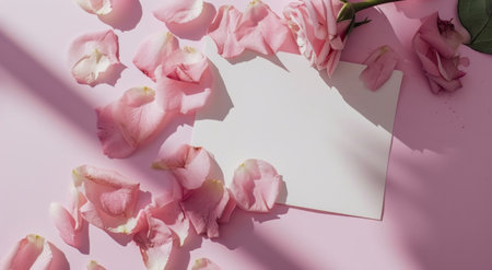 a blank paper and rose petals on a pink background.の素材