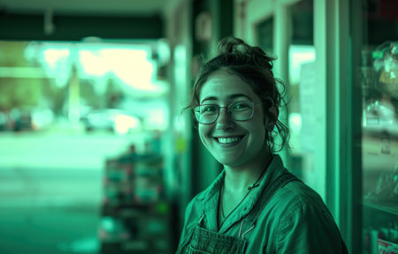 a beautiful green employee smiling in front of a store.の素材
