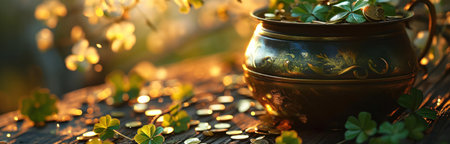 a gold pot with shamrock leaves around it.の素材