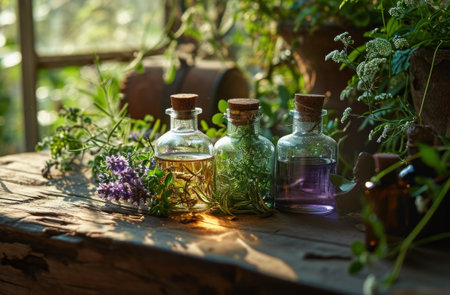 a group of oils in bottles on an old wooden table.の素材