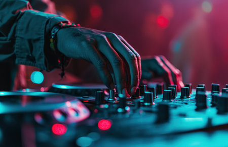 a dj is preparing to spin at nightclub.の素材