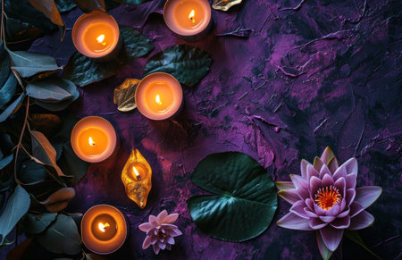 a bunch of tealight candles on a purple background with lotus flower.の素材