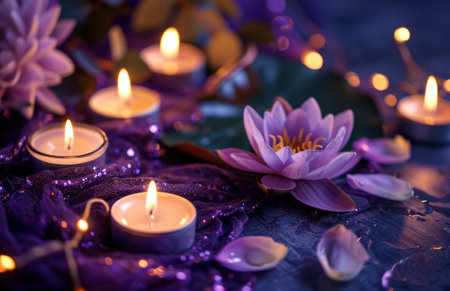 a bunch of tealight candles on a purple background with lotus flower.の素材