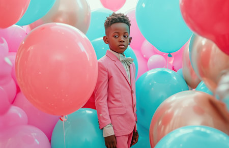 a boy in a pink suit stand behind some balloons.の素材