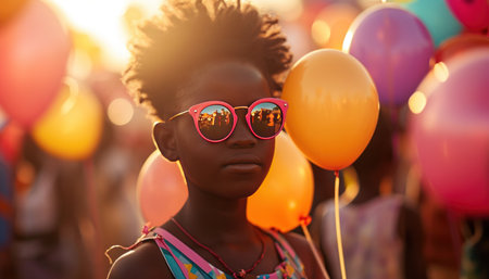 a girl wearing sunglasses holds balloons around her face.の素材