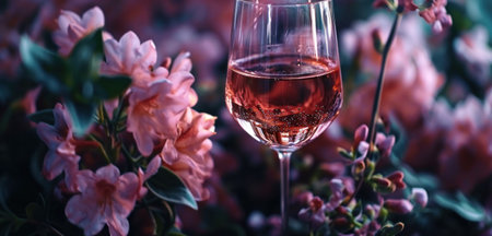 Red wine in a glass on a background of pink flowers. Selective focus.の素材
