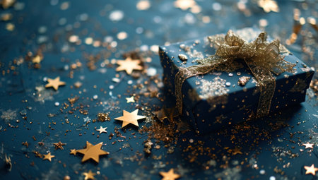 Blue gift box with golden stars on dark blue background. Christmas and New Year concept.の素材
