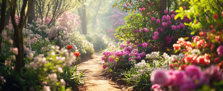 a pathway leads through a flower garden.の素材