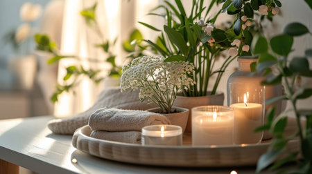 a tray with candles and towels, pots of flowers and plants on it.の素材