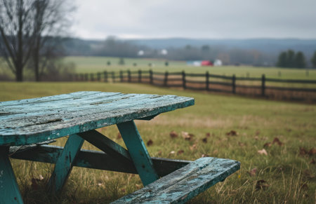 a picnic table sitting outside overlooking a farmland.の素材