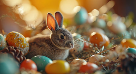 a small bunny surrounded by colorful eggs.の素材