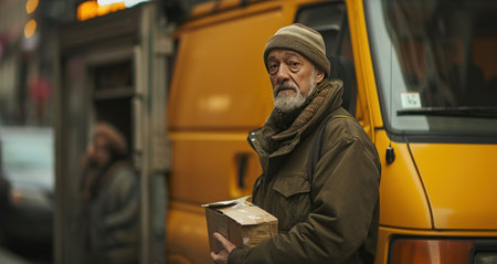 a man holding a delivery package in street.の素材