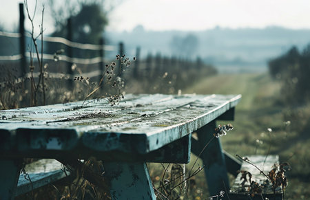 a picnic table sitting outside overlooking a farmland.の素材