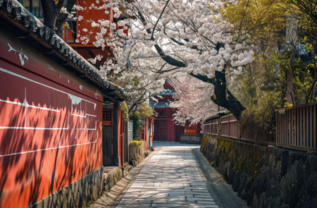 a narrow alley leading to a pagoda with white blossoms on either side.の素材