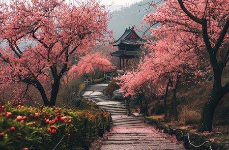 a path leading down to a pagoda and blossoming cherry trees.の素材