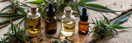 a variety of cbd oils with leaf and cannabis.の素材