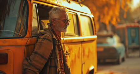 a man in glasses and glasses standing next to a yellow van.の素材