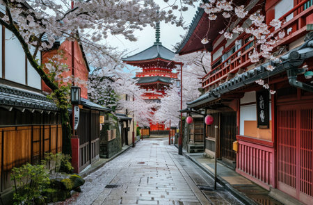 a narrow alley leading to a pagoda with white blossoms on either side.の素材